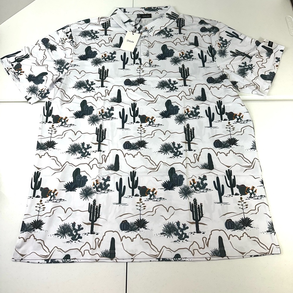 White Cactus Print Golf Polo Shirt Quick Dry - Picture 2 of 9